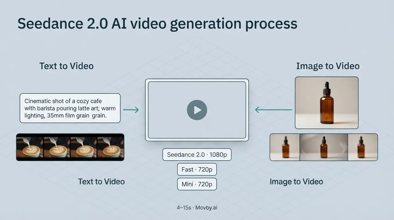 Diagram of how to use Seedance 2.0: text-to-video and image-to-video on Movby.ai
